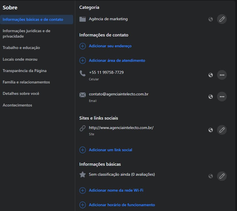 informações da página do facebook